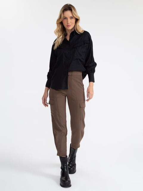 Camisa Ml Bolsos E Lapela Diagonal Preto