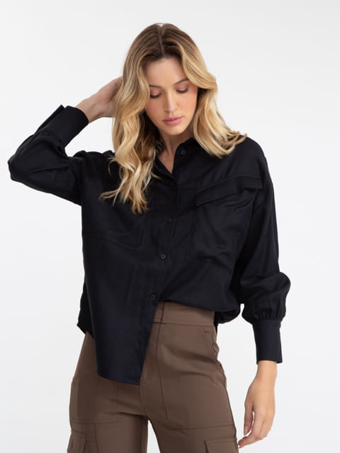 Camisa Ml Bolsos E Lapela Diagonal Preto