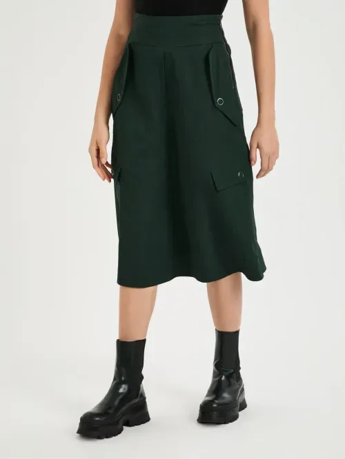Saia Midi Em Nylon Com Bolsos E Recortes