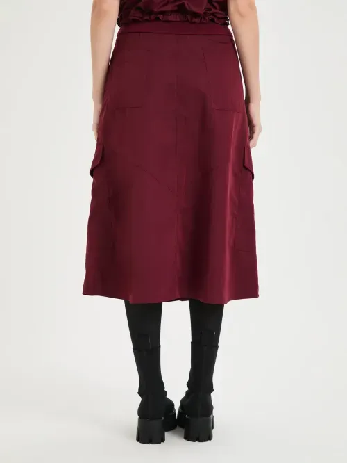 Saia Midi Em Nylon Com Bolsos E Recortes