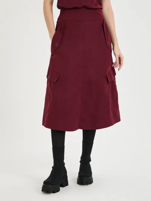 Saia Midi Em Nylon Com Bolsos E Recortes