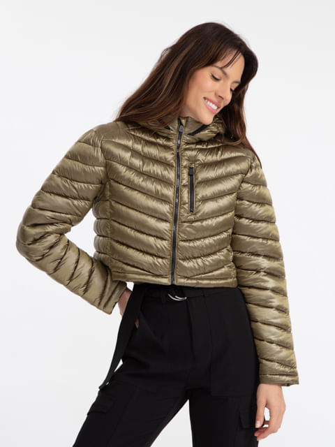Jaqueta Puff Cropped Com Capuz Removivel Nylon Com Brilho