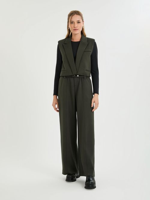 Calça Pantalona Em Malha Premium Com Cinto